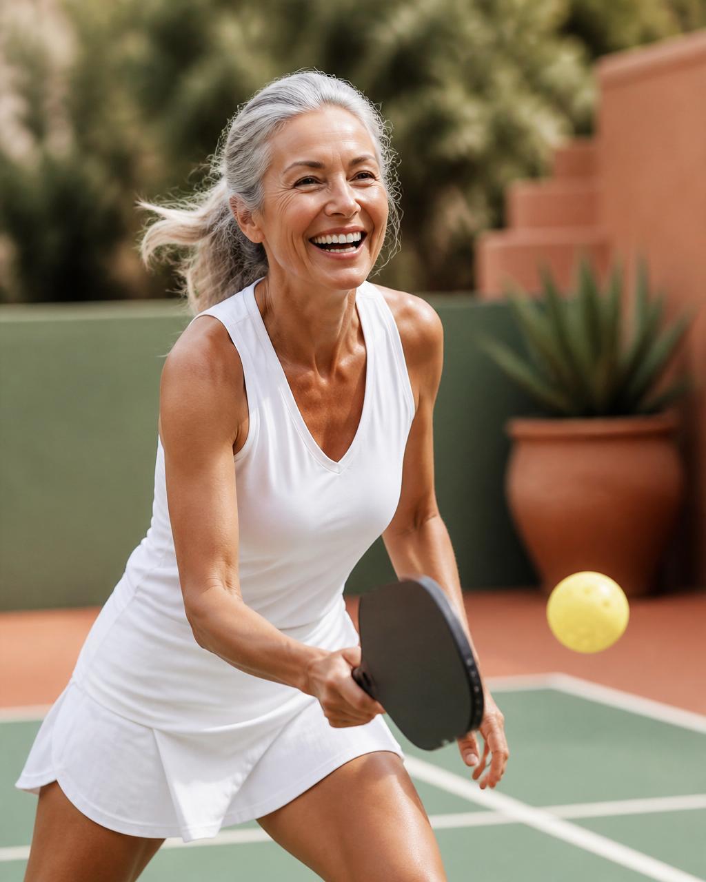Aktive 58-jährige Frau spielt Pickleball